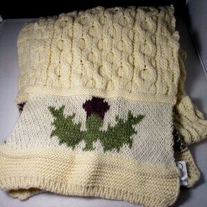 Hand -knit 100% wool  scarf with Scottish thistle design